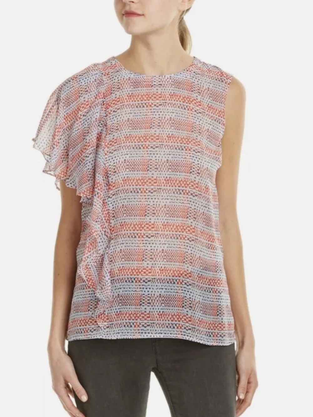BCBGMAXAZRIA Matalin Flutter Sleeve Silk Blouse Size S | Bare Pink Abstract Grid